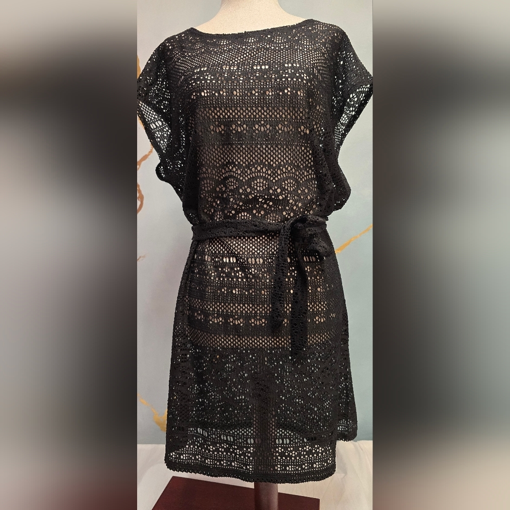Merona Boho Coverup Black Cutout Crochet Pattern Belted Tie Waist Tunic Dress M